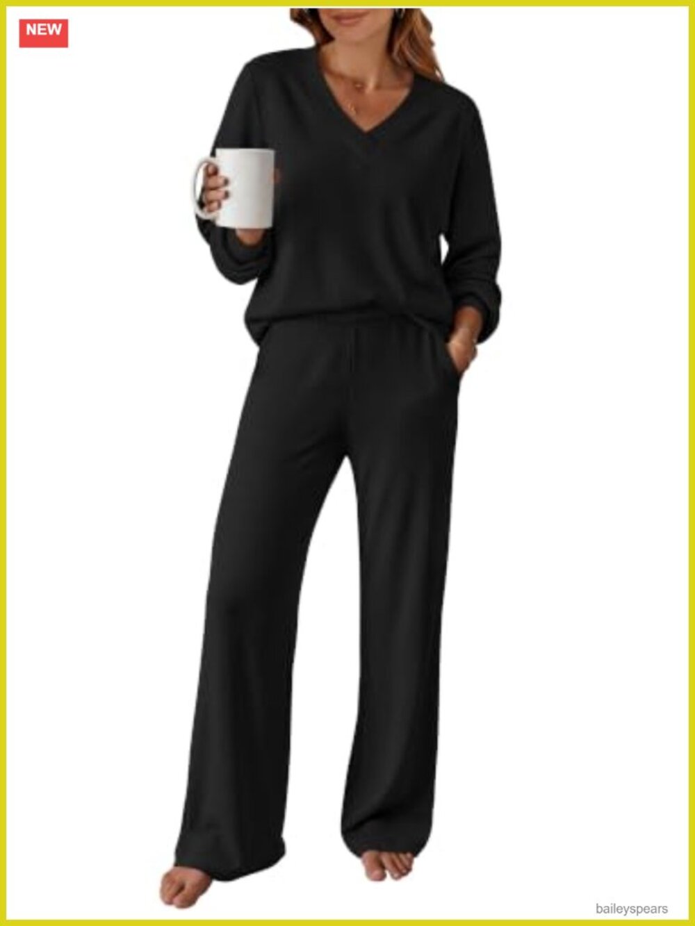 Two Piece Lounge Set Long Sleeve V Neck Top Wide Leg Pants Pockets
